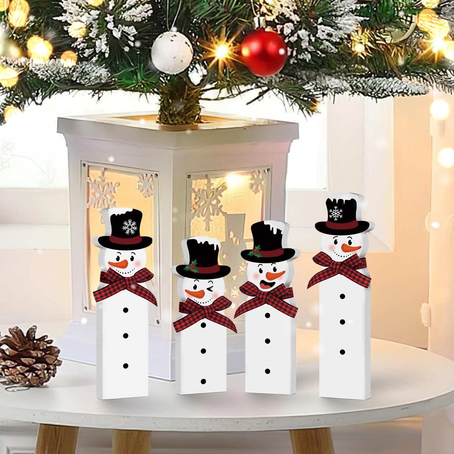 Christmas Snowman Decorations Indoor, Wooden Snowman Block Merry Christmas Sign, Let It Snow Winter Xmas Decor, Cute Xmas Tiered Tray Decorations Table Centerpiece for Mantel Home Holiday Decor