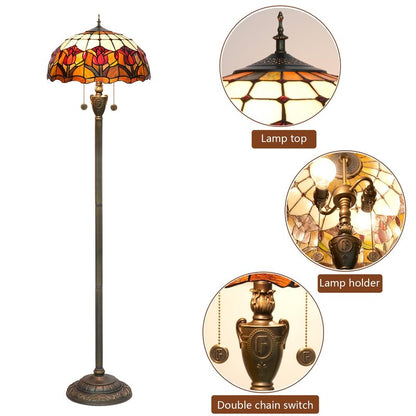 Blivuself Tiffany Floor Lamp Red Tulip Style Stained Glass Standing Reading Light 16X16X64 Inches Antique Unique Pole Corner Tall Decor Lamp for Bedroom Living Room Home Office