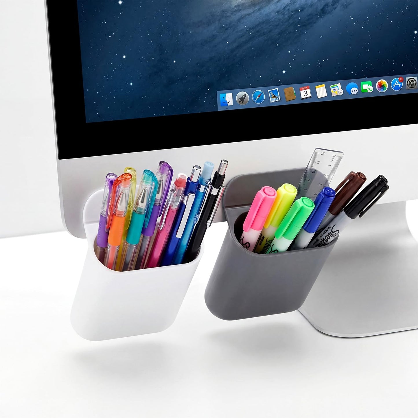 Resurhang 6 Pcs Monitor Pen Pencil Holders Screen Pen Holder Computer Monitor Pencil Holder Desktop Accessories Self Adhesive Table Side Desk Organizer for Office Classroom Gadget Storage(Gray, White)
