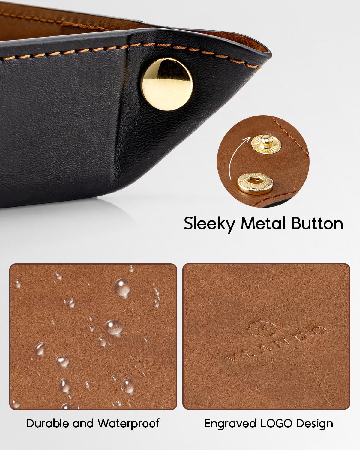 VLANDO PU Leather Valet Tray, 8.5 x 5 x 1.5 Inch Catchall Organizer for Men, Desk Nightstand Dresser Holder for Keys Phone Wallet Watch Coins, Entryway Gift