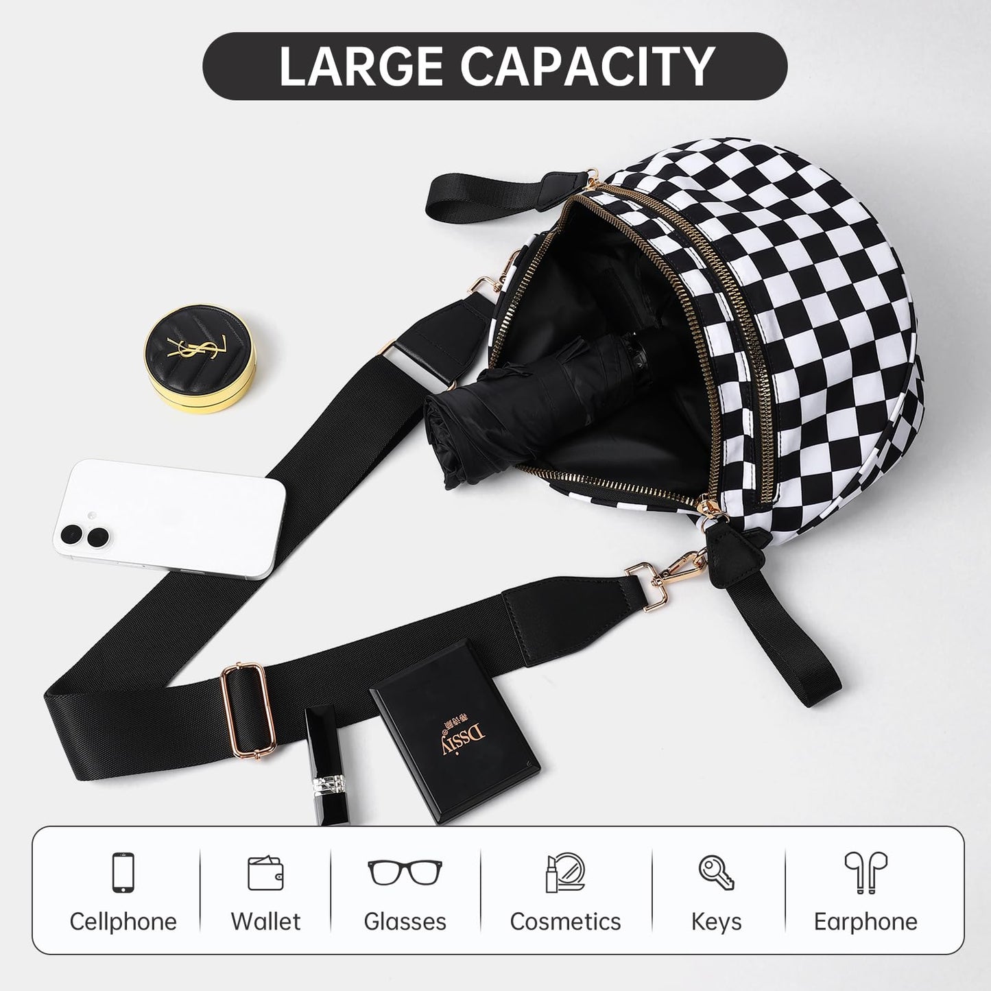 FFEDAYUN Checkered Crossbody Bag Spacious Bum Bags for Women Nylon Fanny Packs Belt Bag Handbags Wallets for Shopping Travel,Black White