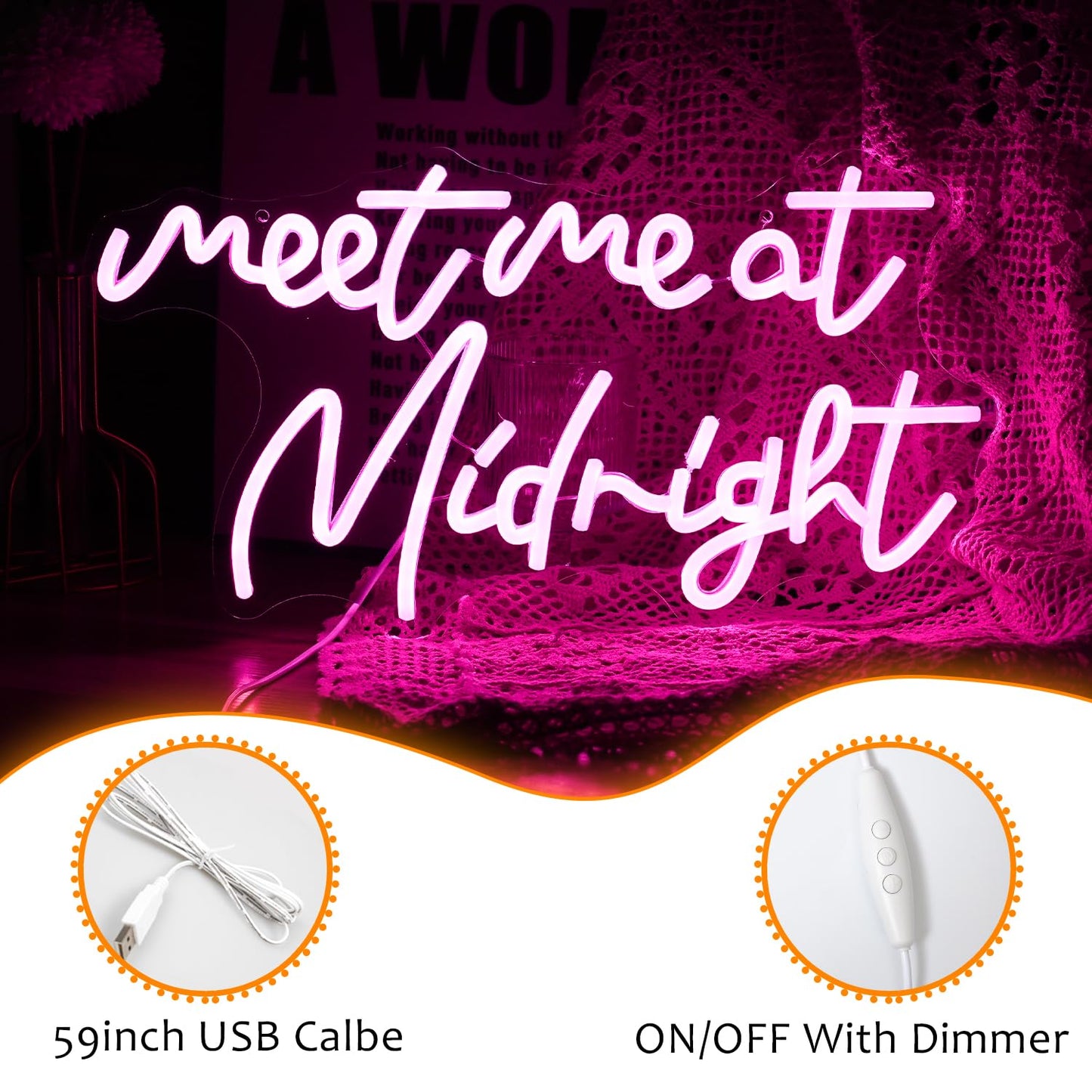 Dimmable Meet Me At Midnight Neon Sign LED Pink Words Neon Light For Wall Decor USB Powered Letters Light Up Sign for Bedroom Party Bar man cave (16.5“*8.7”）