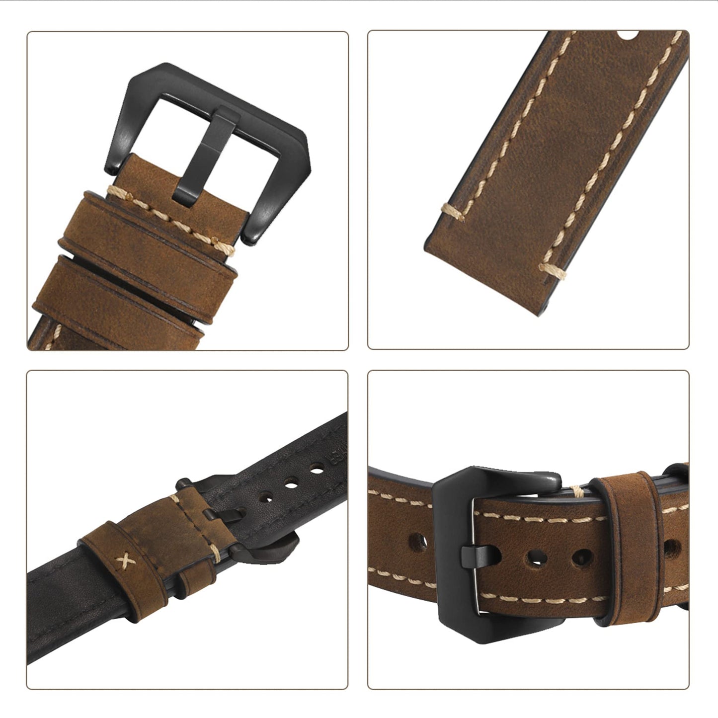 EACHE Leather Watch Bands for Men, Handmade Genuine Leather Watch Straps Vintage Design Classical Thick Watch Bands 22mm Dark Brown with Black Buckle