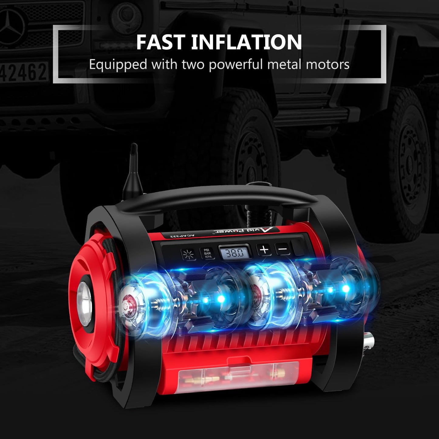 AVID POWER Tire Inflator Portable Air Compressor, 12V DC 110V AC Car Tire Pump, Air Mattress Pump with Inflation and Deflation Modes, Dual Powerful Motors, Digital Pressure Gauge
