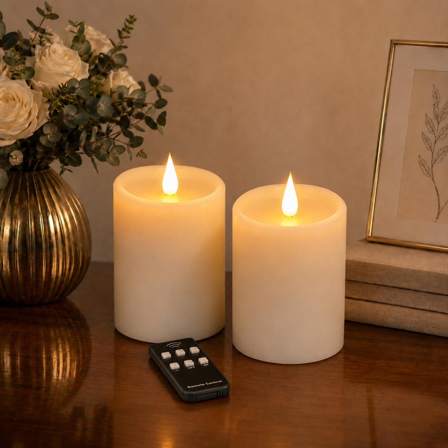 Tediselu Flickering Flameless Candles with 3D Moving Flame, Real Wax Battery Operated Candles with Timer and Remote, Last 600+ Hours, 3" x 4" LED Fake Candles for Home Wedding Christmas Decor, 2 Pack
