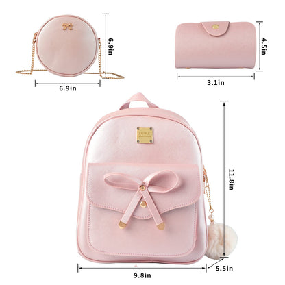 Aogist Mini Leather Backpack Purse 3-Pieces Fashion Bowknot Zipper Bags Cute Casual Travel Daypacks for Women (Pink)