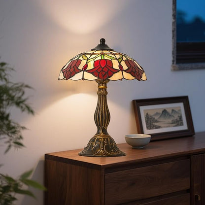 Tiffany Style Table Lamp, Vintage Style Desk Lamp with Stained Glass Shade, Mid Century Modern Bedside Nightstand Decorative Lamps Unique Accent Light for Bedroom Living Room ect