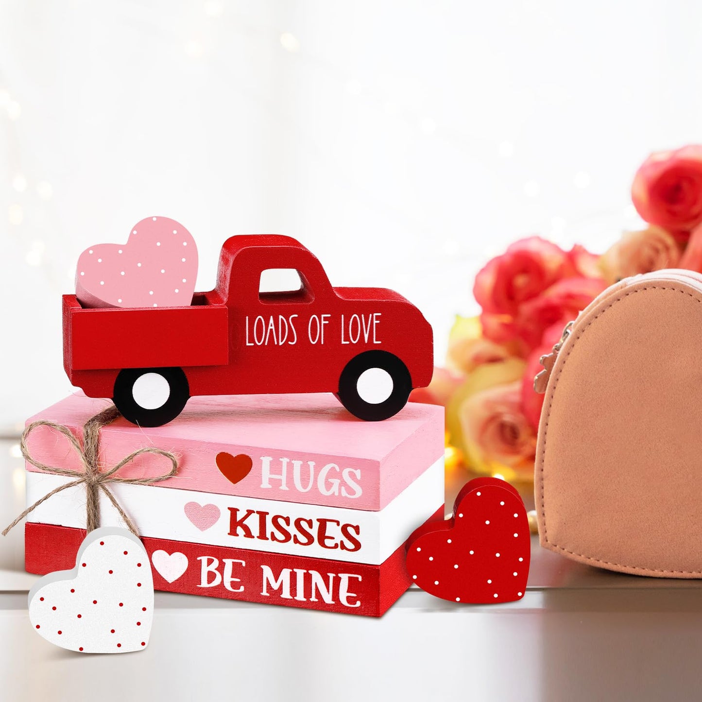DoubleFill 7 Pcs Valentine's Day Table Decorations Valentines Tiered Tray Decor Faux Book Bundle with Twine Red Truck Table Centerpiece Farmhouse Heart Wooden Sign for Home Indoor Party Bookshelf Gift