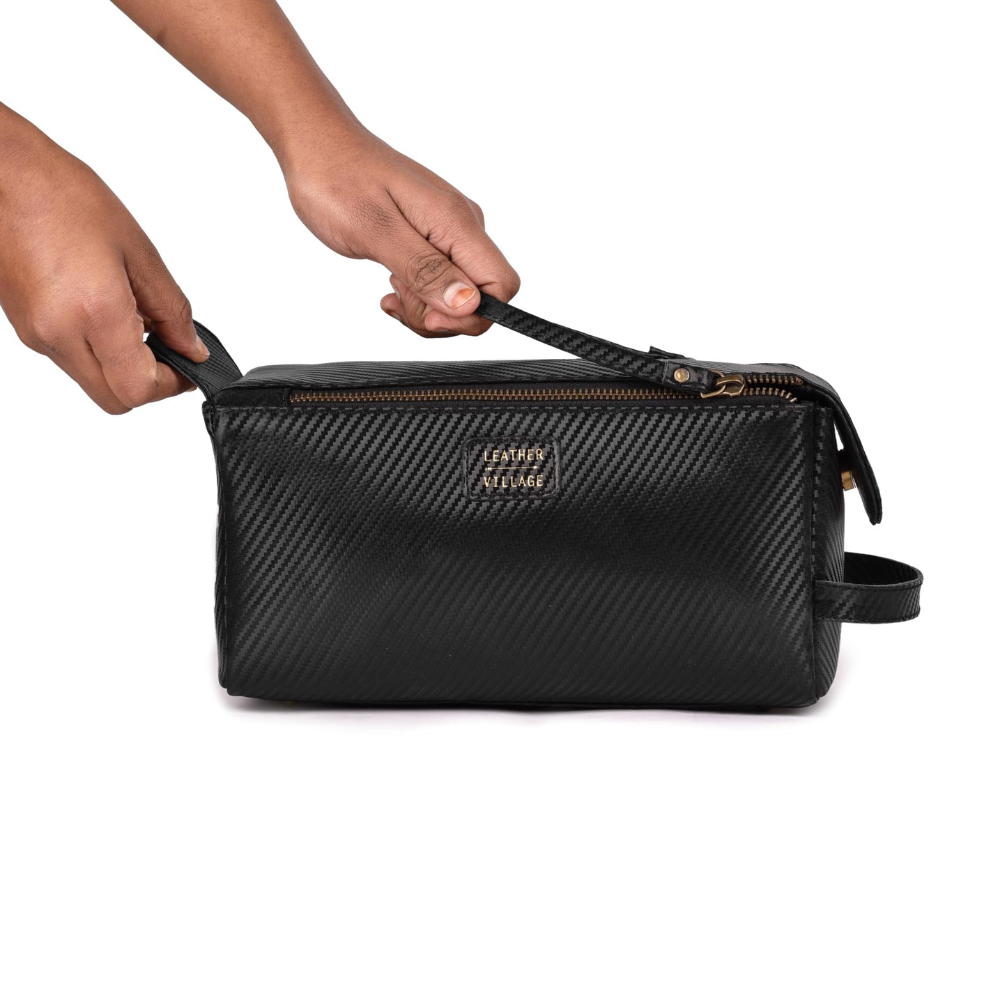 LEATHER VILLAGE Genuine Carbon Fiber Genuine Leather Travel Toiletry Bag - Large Dopp Kit, Water-Resistance Bathroom & Shaving Organizer for Men & Women - Black