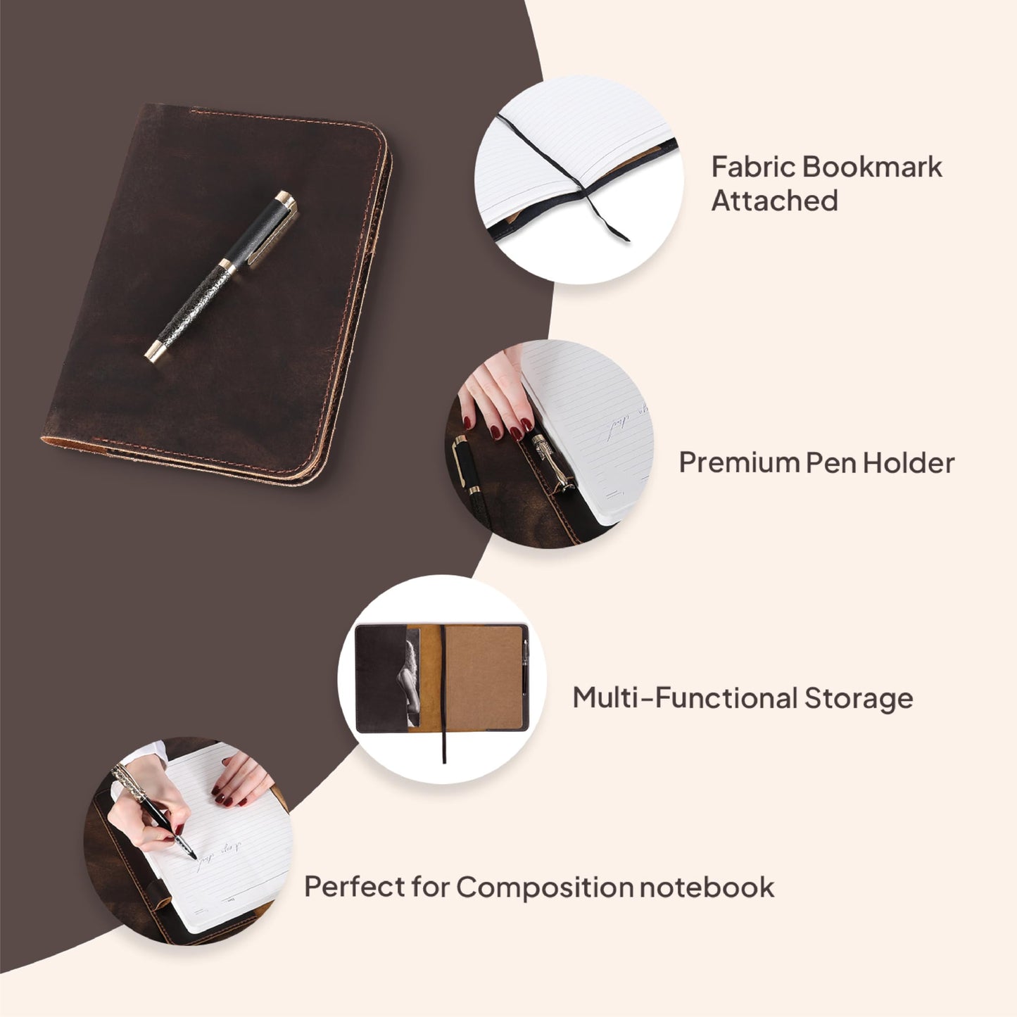 TheAntiq XL Leather Journal Cover 7.5 x 9.5 Inch – Refillable Genuine Leather Notebook Cover for Composition Notebook, Planner & Diary – Handmade Protective Travel Writing Case, Brown