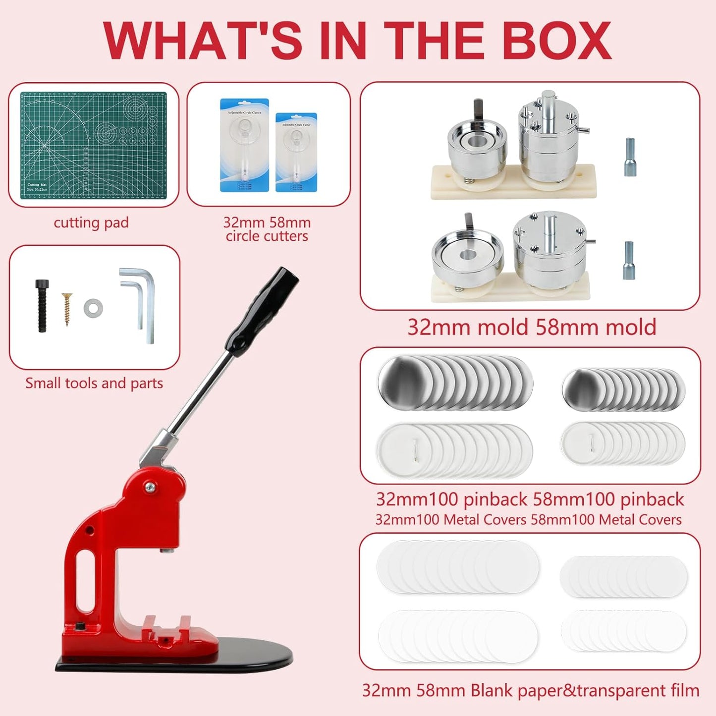 Button Maker Machine Multiple Sizes, Pin Maker Button Machine 1.25+2.25 Inch (32+58mm), DIY Button Press Machine Kit with 200 Button Parts Supplies, Comes with Circle Cutter and Cutting Mat