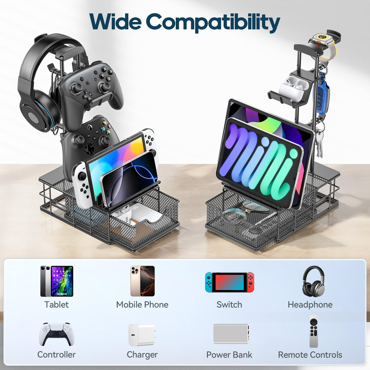 KDD Headphone Stand with Drawer - Headset & Controller Holder for Desk - Aluminum Supporting Bar Earphone Stand with Cable Organizer - Universal Gaming PC Accessories Storage