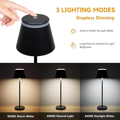 Cordless Table Lamp Rechargeable,5000mAh Battery Operated Desk Lamp,Waterproof Touch Dimmable Light with Remote,3 Color Stepless Dimming Up,for Bedroom/Office/Bars/Camping. (Black, 1pcs)