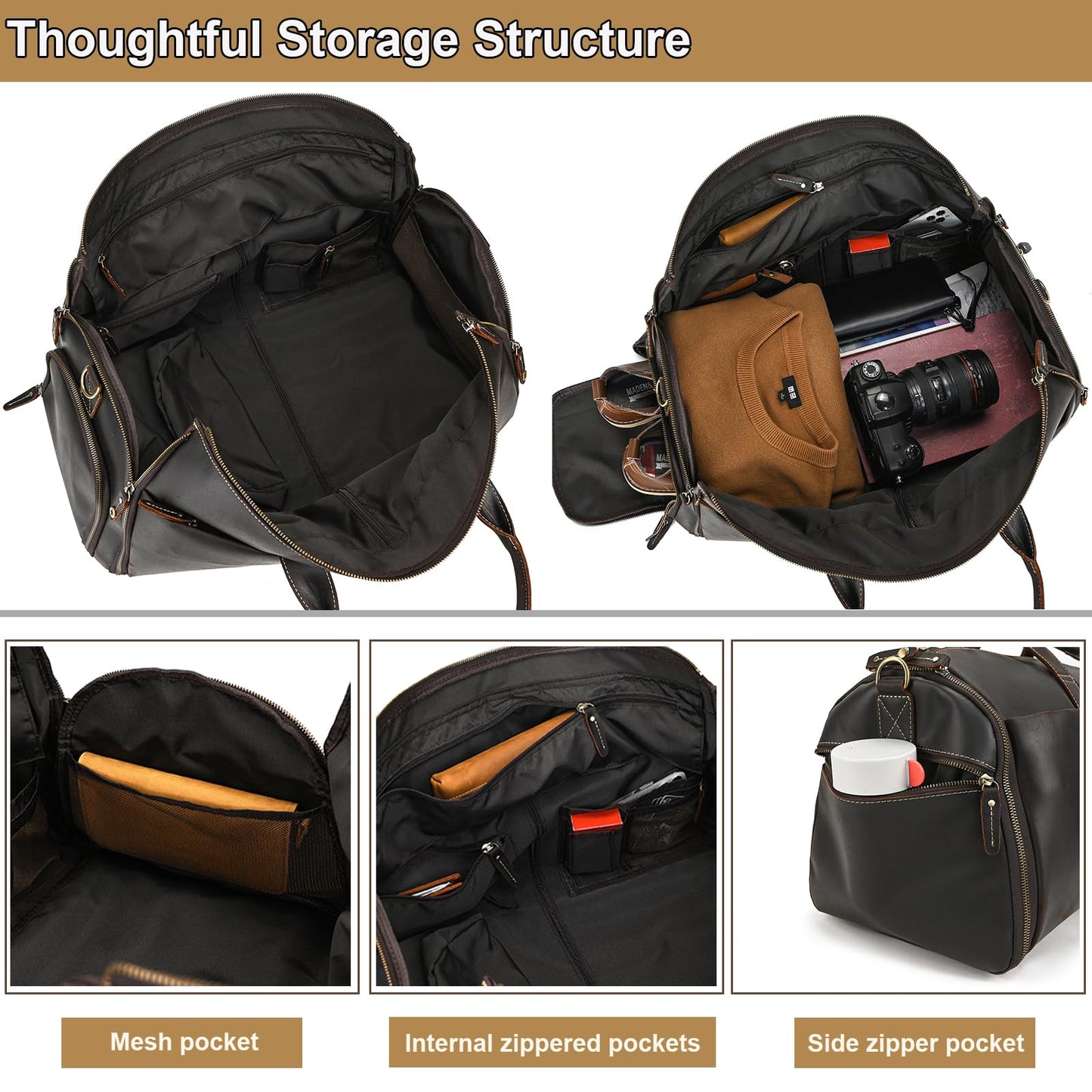 Yevabo Full Grain Genuine Leather 2-in-1 Garment Dufflel Bag for Men Foldable Suit Carrier with Independent Shoe Compartment, Large Capacity Weekender Overnight Travel Bag for Business Trips, Coffee