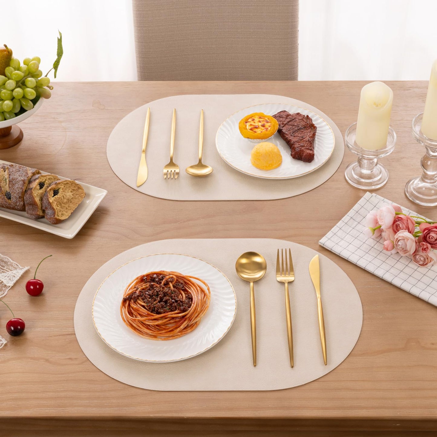 SHACOS Faux Leather Oval Placemats Set of 6 Waterproof Heat Resistant Washable Wipeable Place Mats Solid Table Mats for Kitchen Dining Room Decor, White Oak Beige