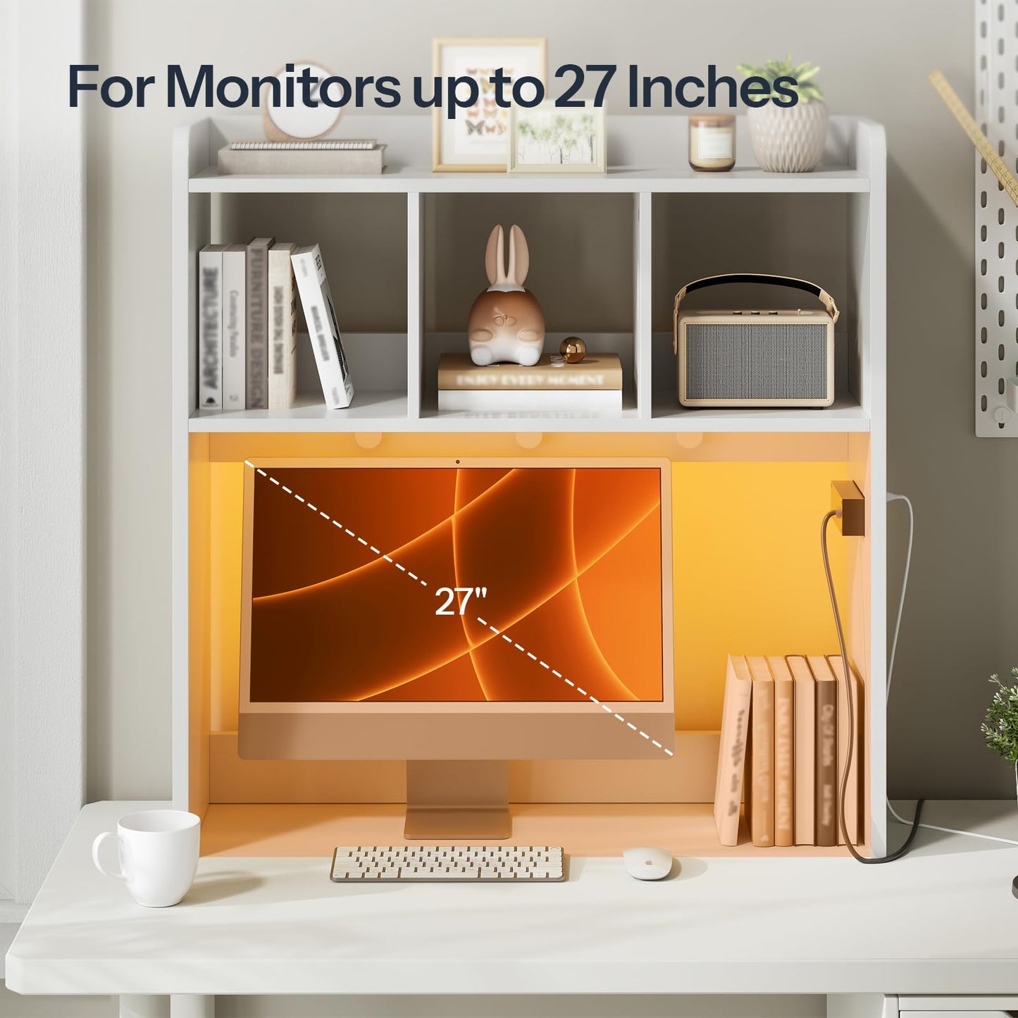 HOOBRO Desktop Bookshelf, Office Desktop Shelf, Desk Hutch with Outlets, Wooden Office Desktop Bookcase, Desktop Organizer Shelf with LED Light Strip and 3 Hooks, for Home, Study, White WT12UDSJ01