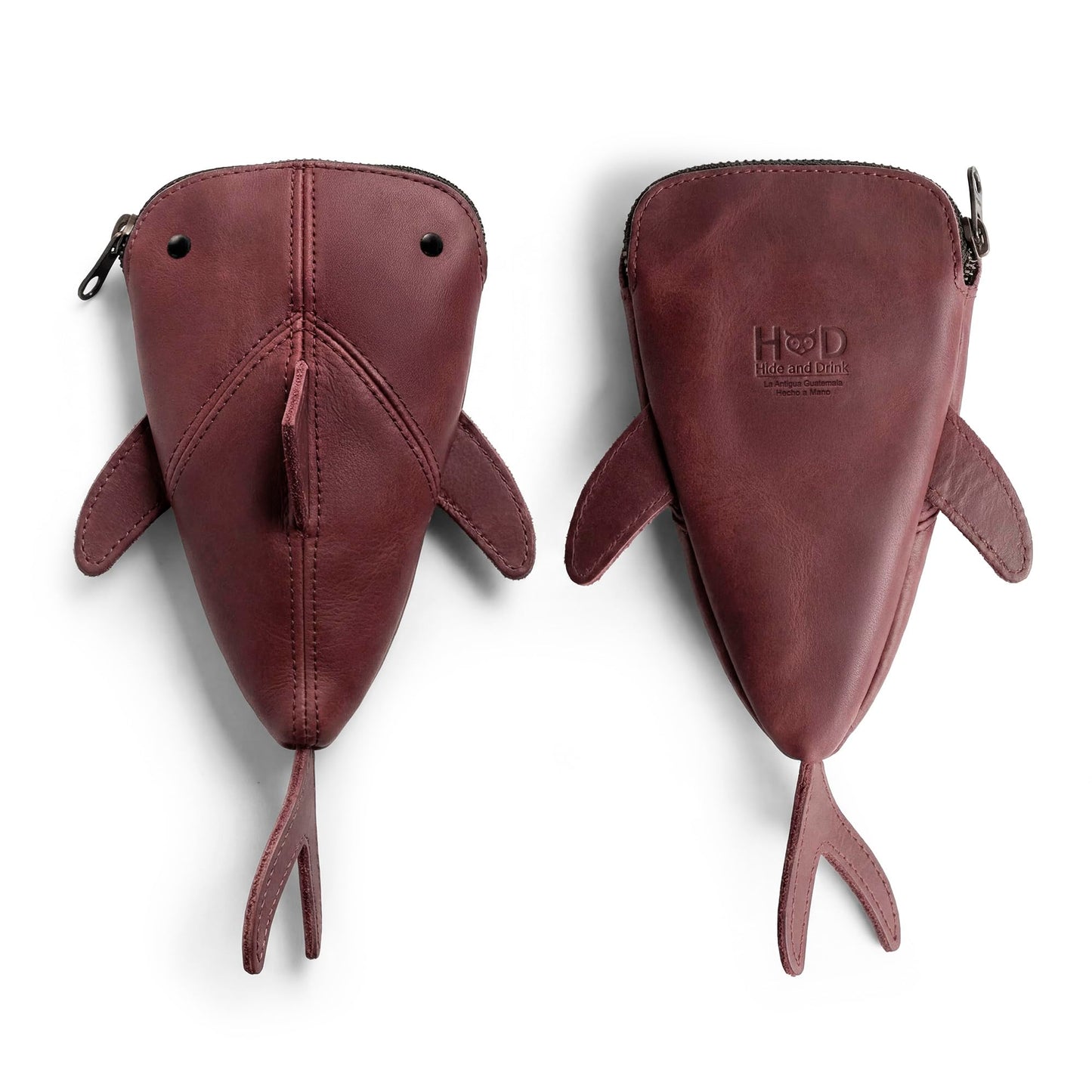 Hide & Drink, Full Grain Leather Zipper Coin Pouch, Change Bag, Pencil Purse, Scissors Case, Shark Shaped Cable Holder, Wallet, Makeup, Stuffed Animal, Handmade, Sangria