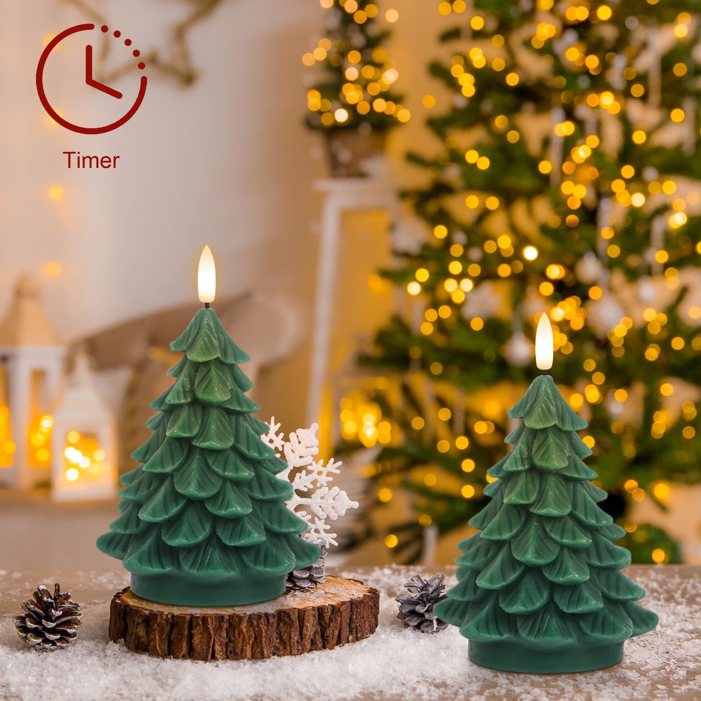 DRomance Christmas Tree Flameless Candles Battery Operated with 6 Hour Timer, 2 Pack Green Real Wax Lifelike Leaves 3D Wick LED Flickering Candles Dinner Party Holiday Indoor Decor(2.76" x 5.9")