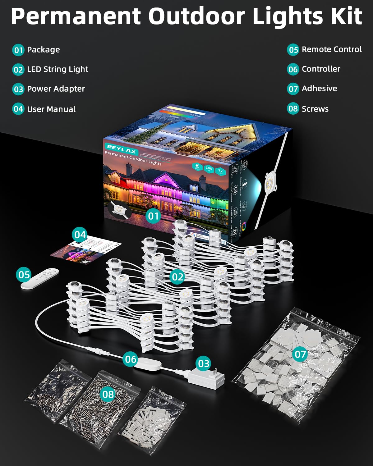 REYLAX Permanent Outdoor Lights Pro, 100ft with 72 Triple-LED 135lm, RGB+IC Smart Eaves Christmas Lights for House, IP67 Waterproof, Multi Scenes for Outdoor Decor, Works with Alexa, Google, Remote