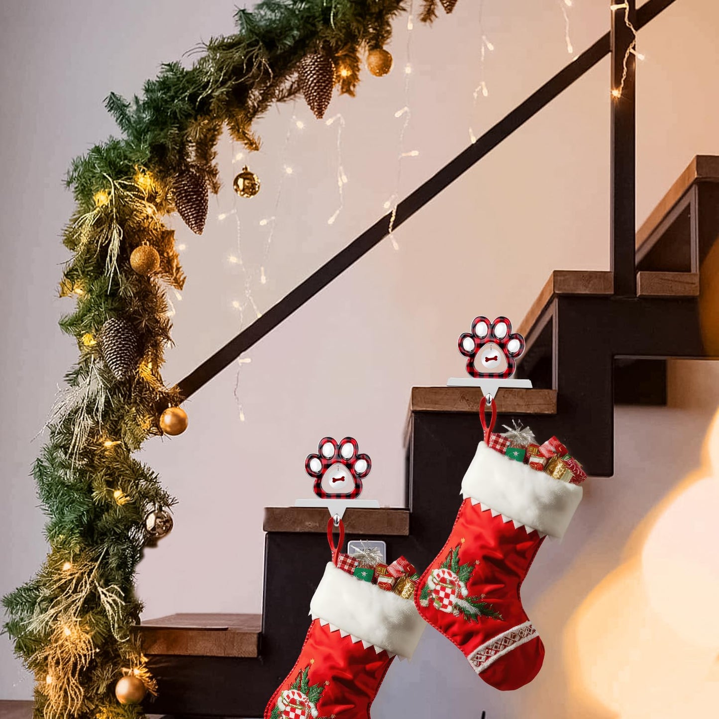 Hxezoc 2 Pack 3D Dog Paw Christmas Stocking Holder with Small Dog Paw Pendant Silver Metal Mantel Pet Paw Stocking Hangers for Christmas Fireplace Mantel Decorations Christmas Holiday Supplies