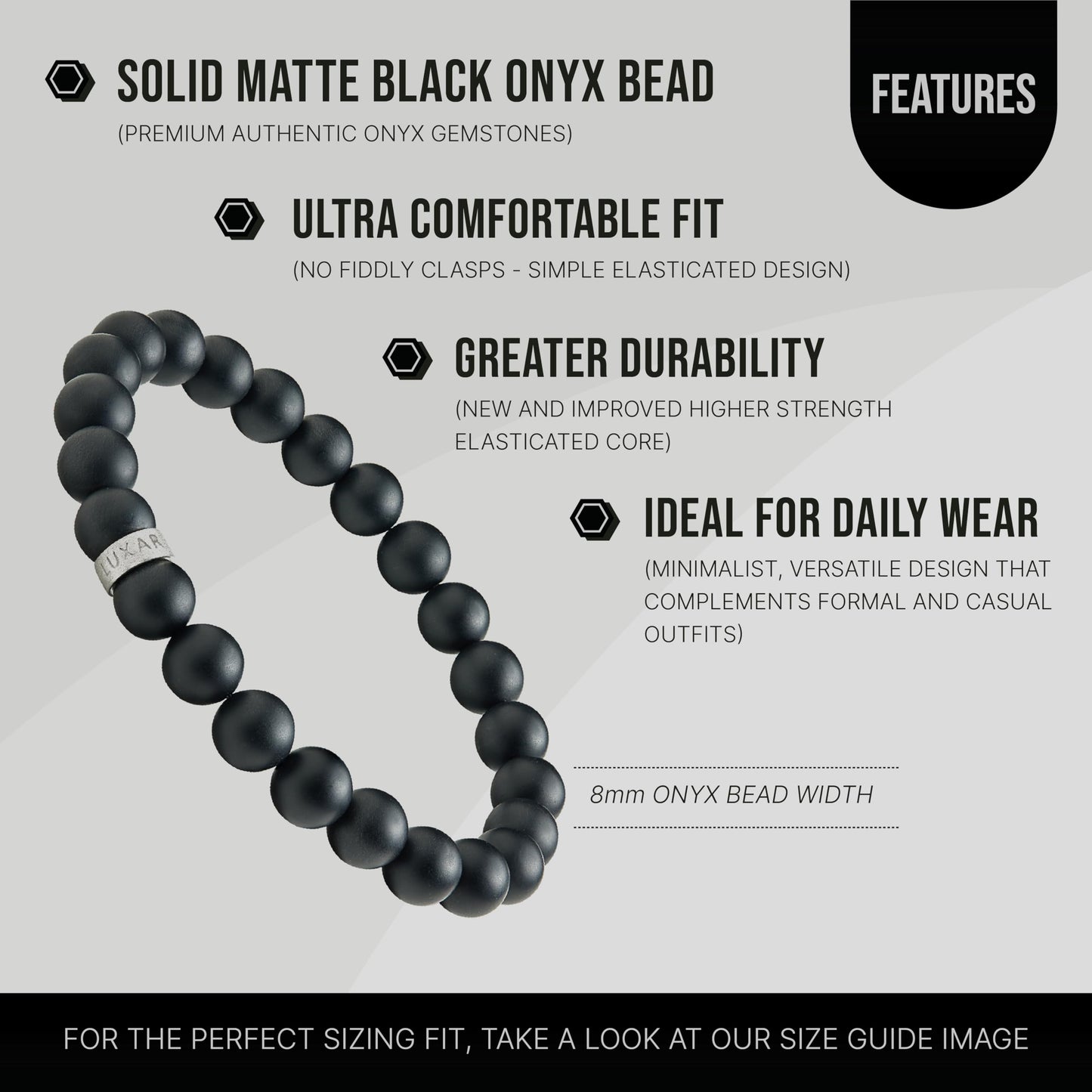 LUXAR Men’s Black Onyx Stone Bead Bracelets | Matte Black 8mm Stone | Minimalist, Designer Jewelry for Men (925 Silver, Small)