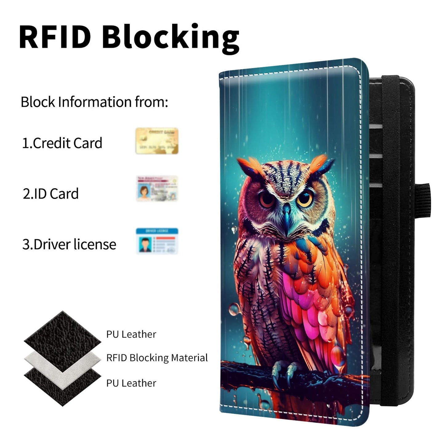 WZCJDHMJ Leather Checkbook Covers for Personal Checkbook Check book Holder Cover Wallets for Women Men,RFID-Blocking Slim Checkbook Cover for Duplicate Checks with Elastic Strap,Colorful Owl