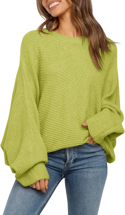 Mafulus Women's Oversized Crewneck Sweater Batwing Puff Long Sleeve Cable Slouchy Pullover Jumper Tops