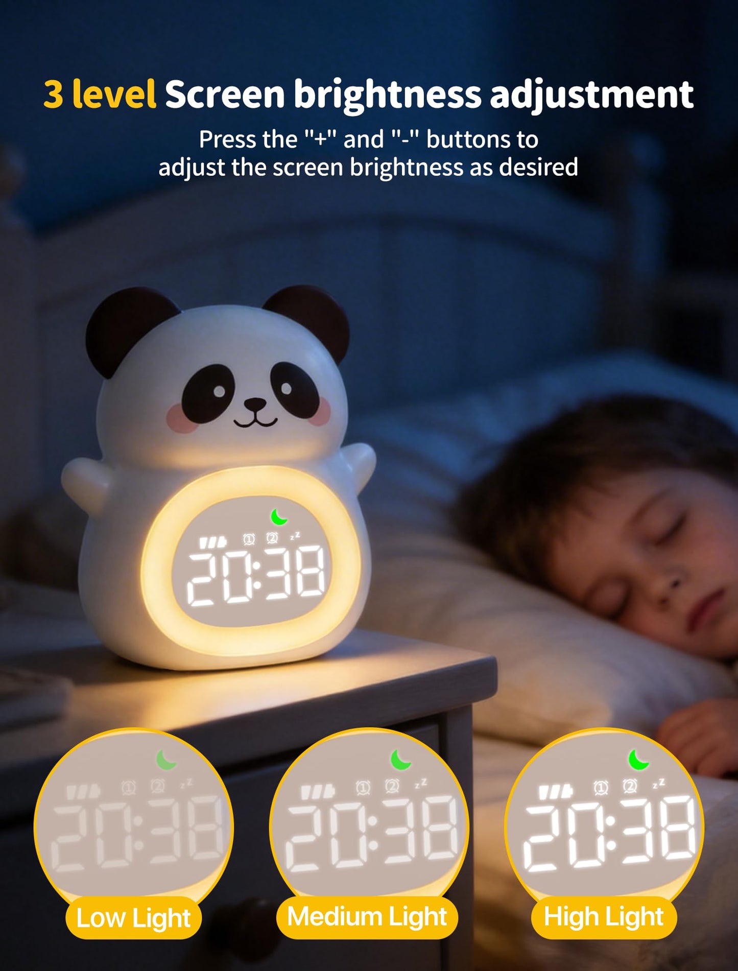 MASHI Panda Kids Alarm Clock, Sun & Moon Sleep Trainer for Toddlers, Cute Animal OK to Wake Clock with 9 Color Night Light, 6 Soothing Sounds, Dual Alarm, for Boys & Girls