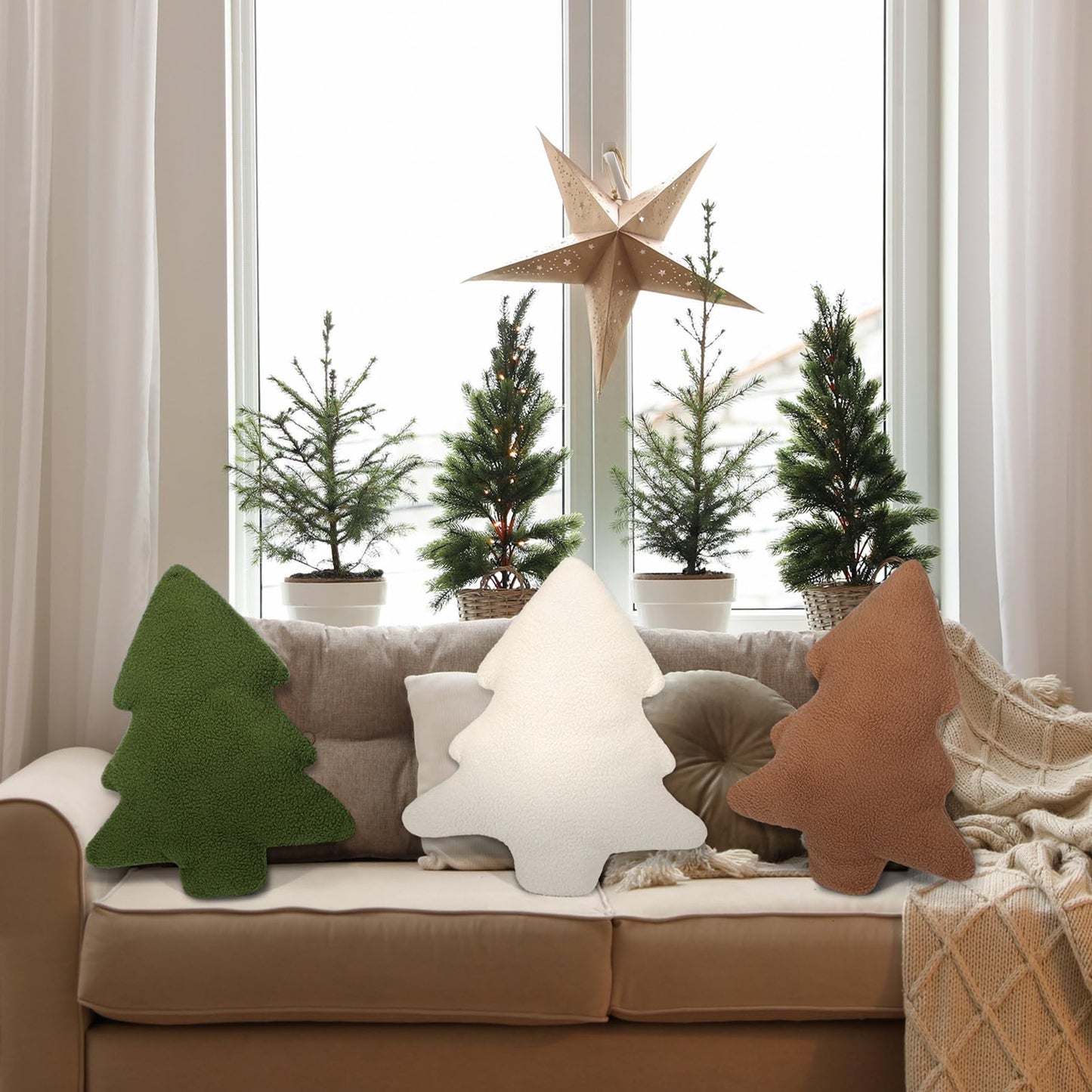 Anglechic 3 Pcs Christmas Pillows Neutral Christmas Tree Decorative Throw Pillows Xmas Tree Stuffed Wool Pillows Soft Xmas Plush Cushion for Sofa Couch Bedroom Livingroom