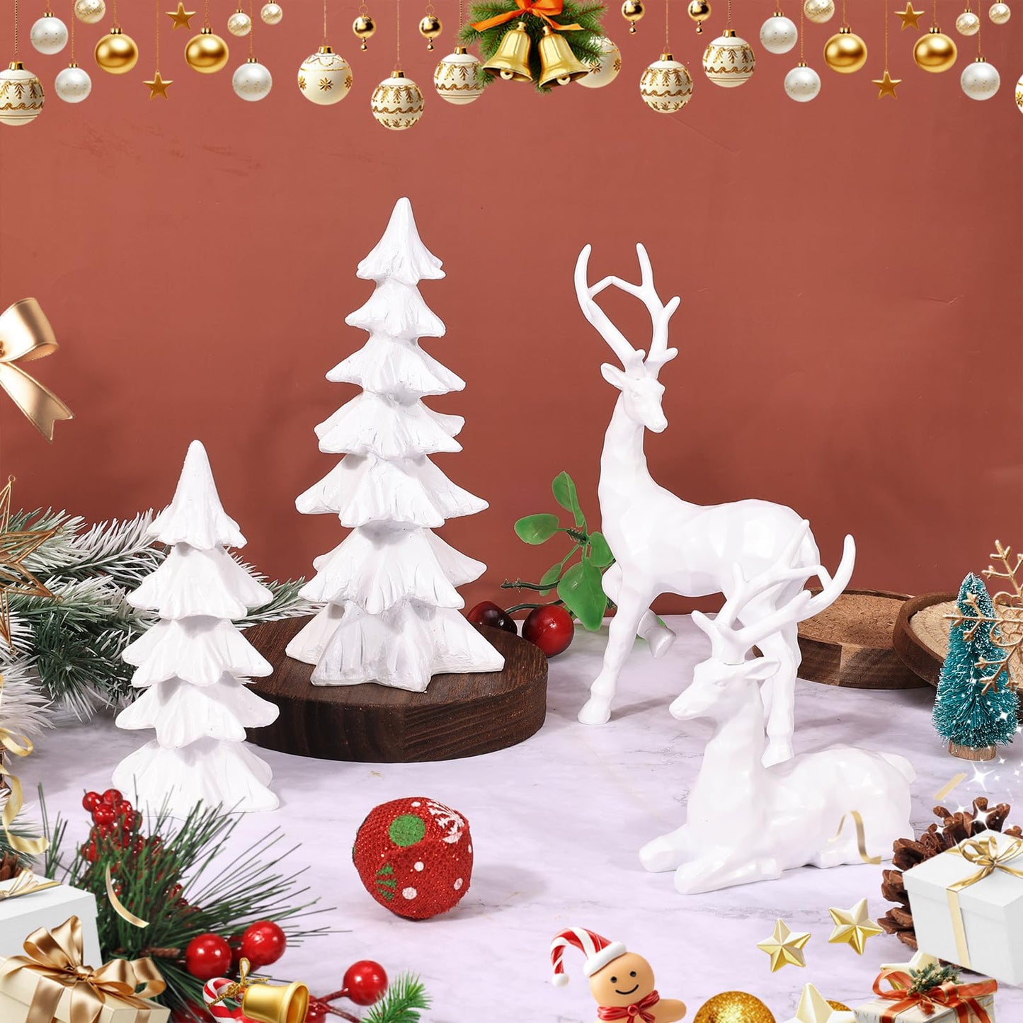 2 Pcs Christmas Tree Figurines and 2 Pcs Christmas Reindeer Figurines, White Tabletop Christmas Decorations Resin Christmas Tree and Elk Statues for Table Centerpieces Desk Shelf Fireplace Decor