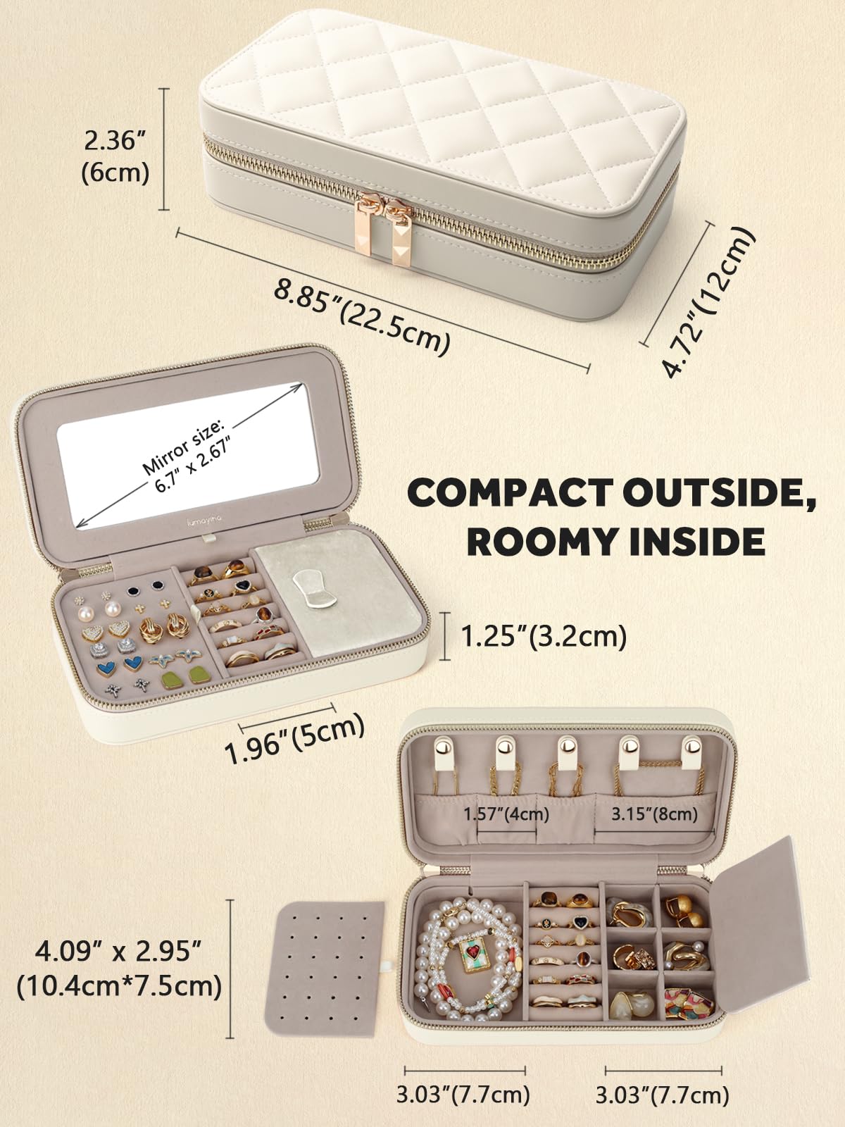 Lumayina Travel Jewelry Case with Mirror, Quilted Small Jewelry Box Organizer for Women Girls, Portable Earring Necklace Bracelet Ring Holder Storage for Travel Weekend Trips (Beige)