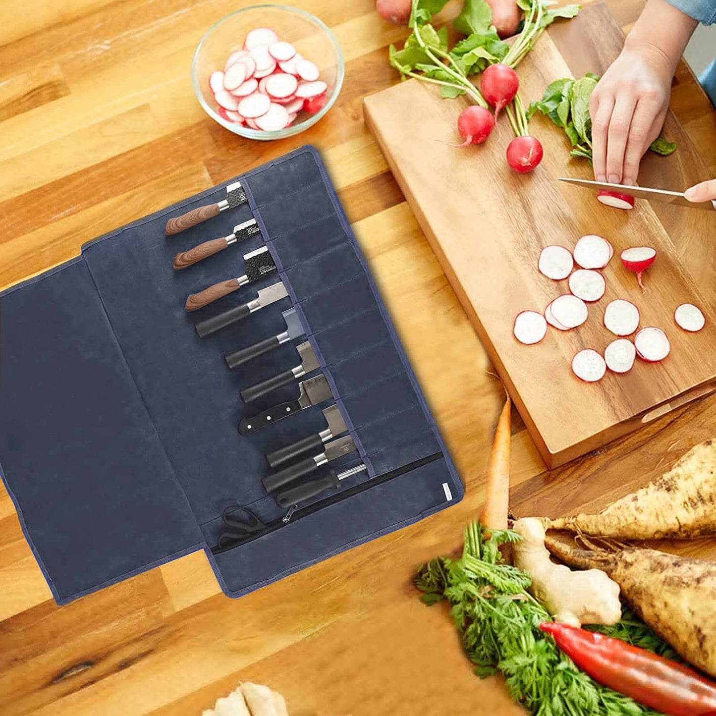 Chef’s Knife Roll Bag,Waxed Canvas Knife Cultery Carrier,Portable Chef Knife Cases,Knife Pouch Holders With 10 Slots Plus 1 Zipper Pockets Can Hold Home Kitchen Knife Tools Up To 18.8”