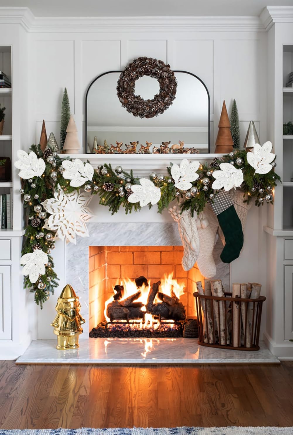 Briful 3PCS White Fur Christmas Picks and Sprays - 21.2" Plush Christmas Leaves Stems with Glitter Sequins for Xmas Tree Wreath Garland Holiday Floral Decor