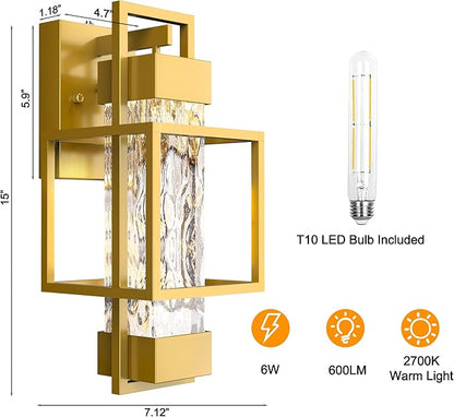 PARTPHONER Modern Outdoor Light Fixtures Dusk to Dawn Outdoor Lighting 2 Pack, 15" Exterior Wall Sconce Waterproof Outside Porch Light for House with Water Glass Black Brushed Gold