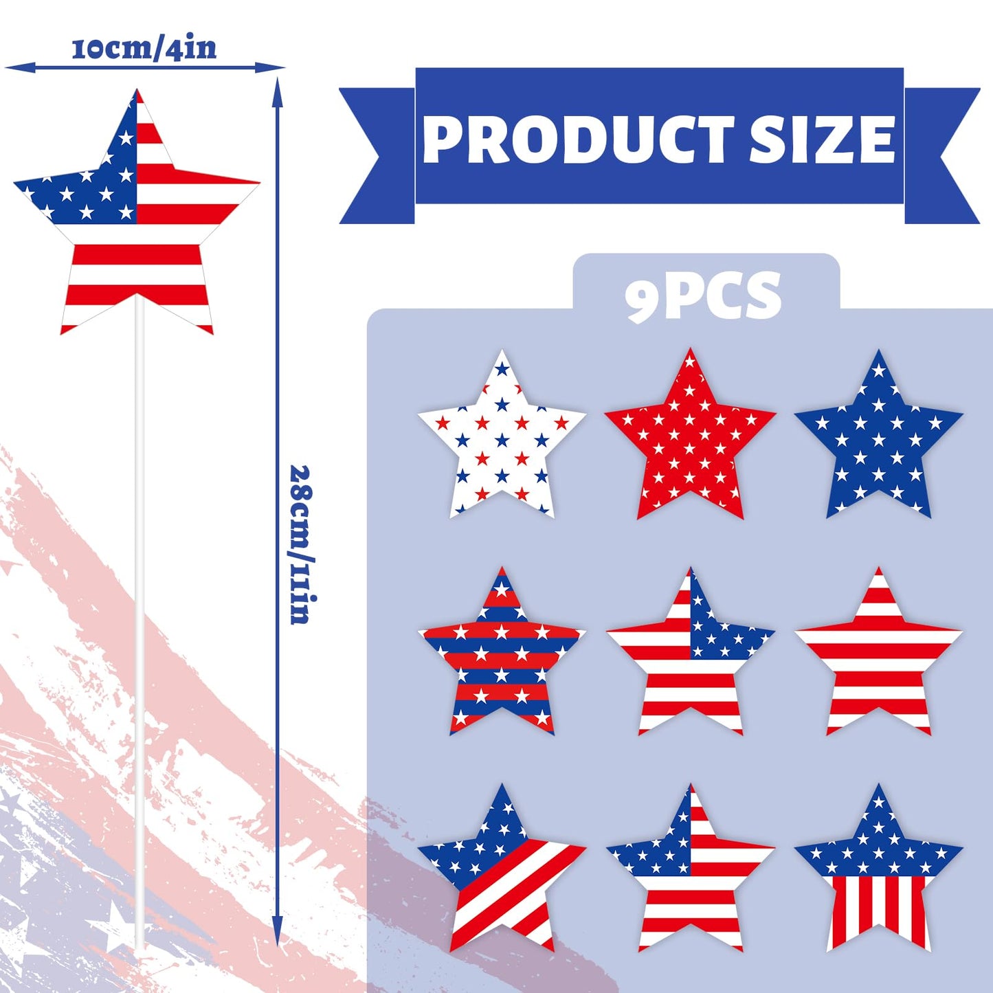 JarThenaAMCS 9Pcs Patriotic Star Metal Planter Stakes 4th of July Decorative Garden Stakes Star and Stripes Yard Sign for 250th Anniversary Planter Pot Walkway Lawn Independence Day Decor