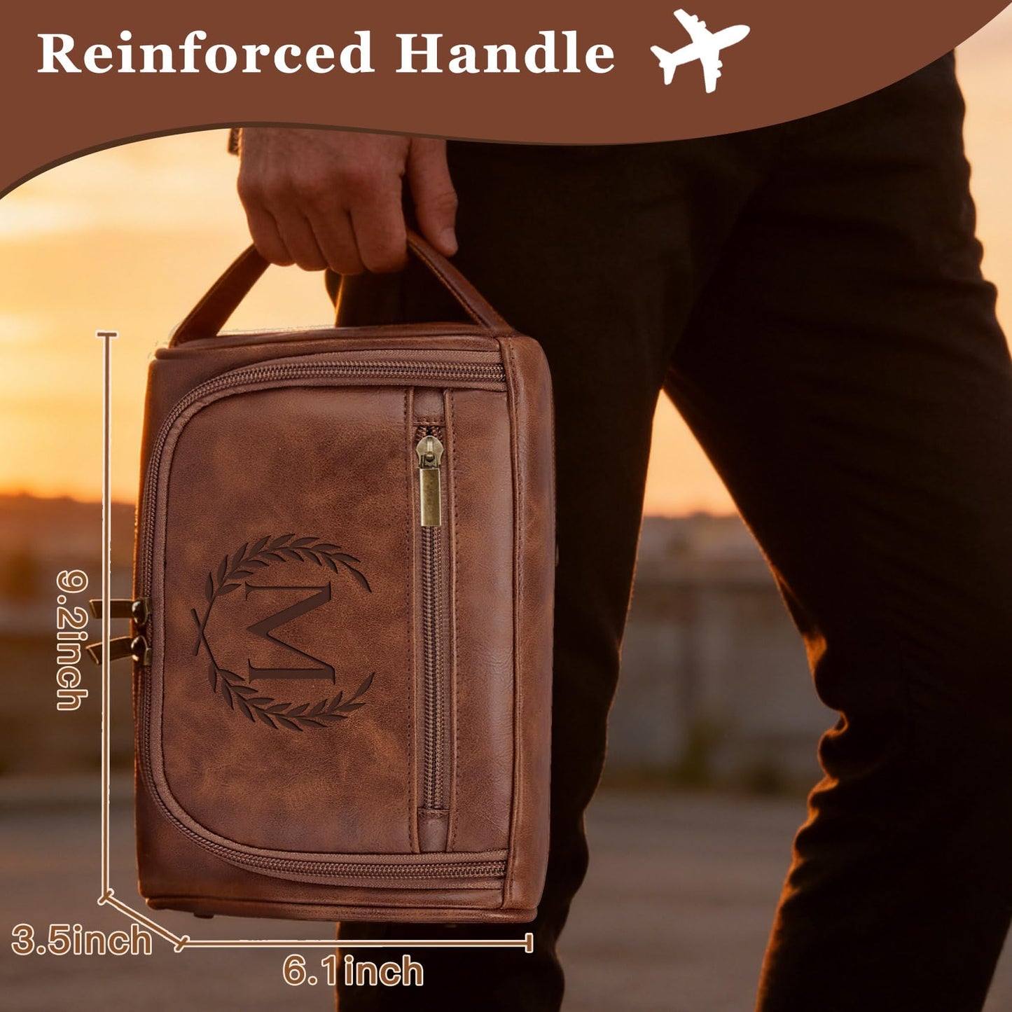 Aganmi Personalized Gifts Travel Toiletry Bag for Men Him, Laser-Engraved Initial Waterproof PU Leather Shaving Bag Fathers Day Birthday Gift for Men Dad Husband Boyfriend Son Reddish Brown M