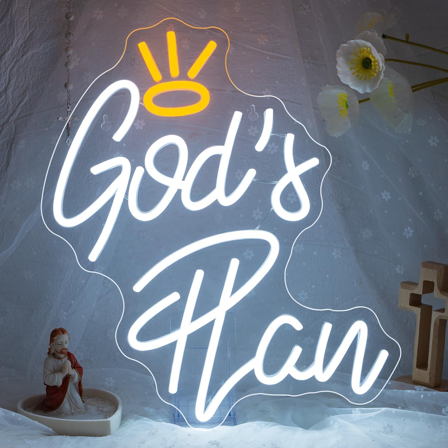 WLHOPE God's Plan Neon Sign White Led Neon Signs for Wall Decor, God Neon Signs USB Powered Letter Neon Light Signs for Bedroom Living Room Home Bar Wedding Party Decoration