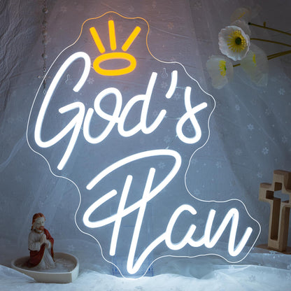 WLHOPE God's Plan Neon Sign White Led Neon Signs for Wall Decor, God Neon Signs USB Powered Letter Neon Light Signs for Bedroom Living Room Home Bar Wedding Party Decoration