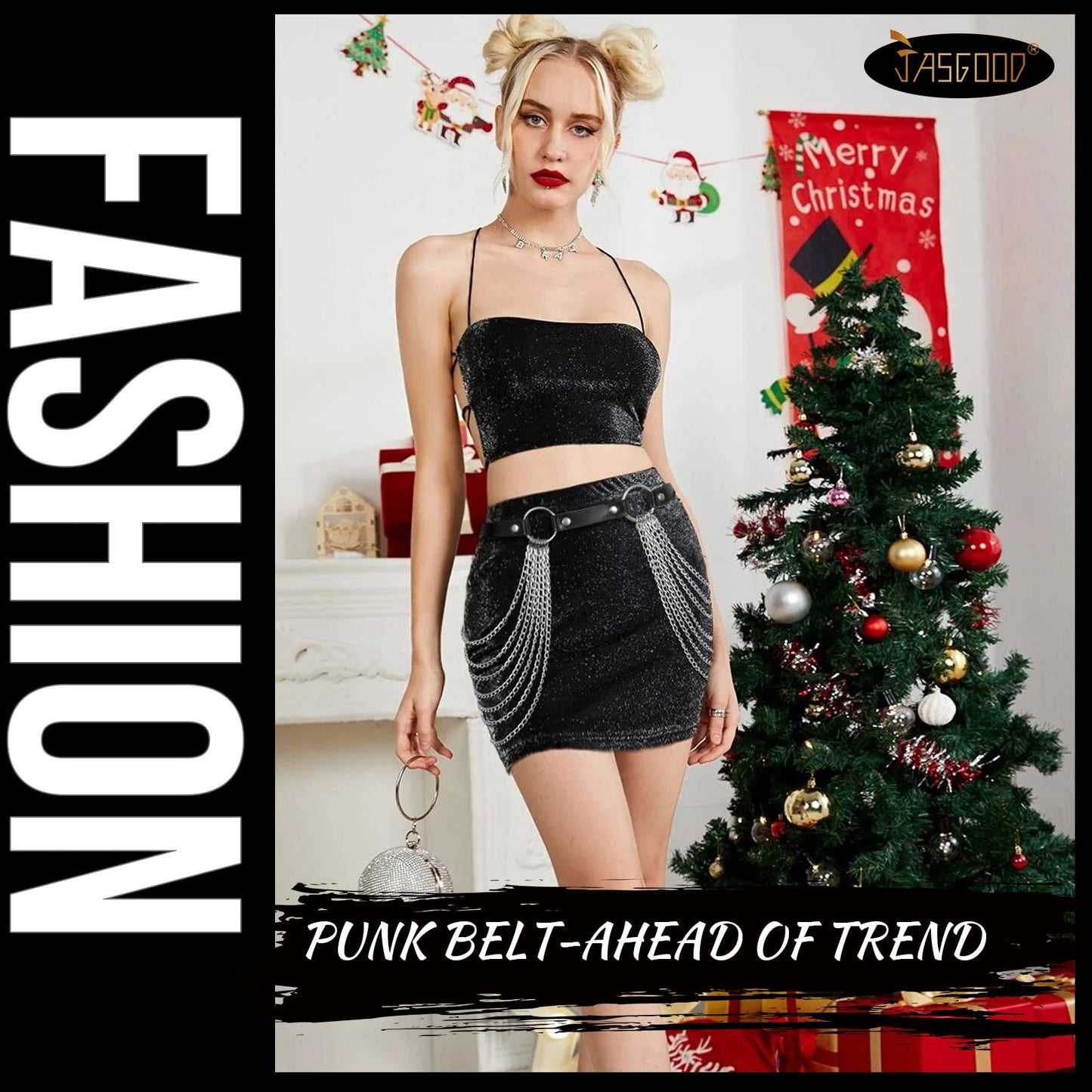 JASGOOD Punk Waist Chain Belt Black Leather Layered Belly Body Waist Chains Nightclub Rave Body Chain Belt for Women Girls (Black, Suit for Waist Size: 40"-46")
