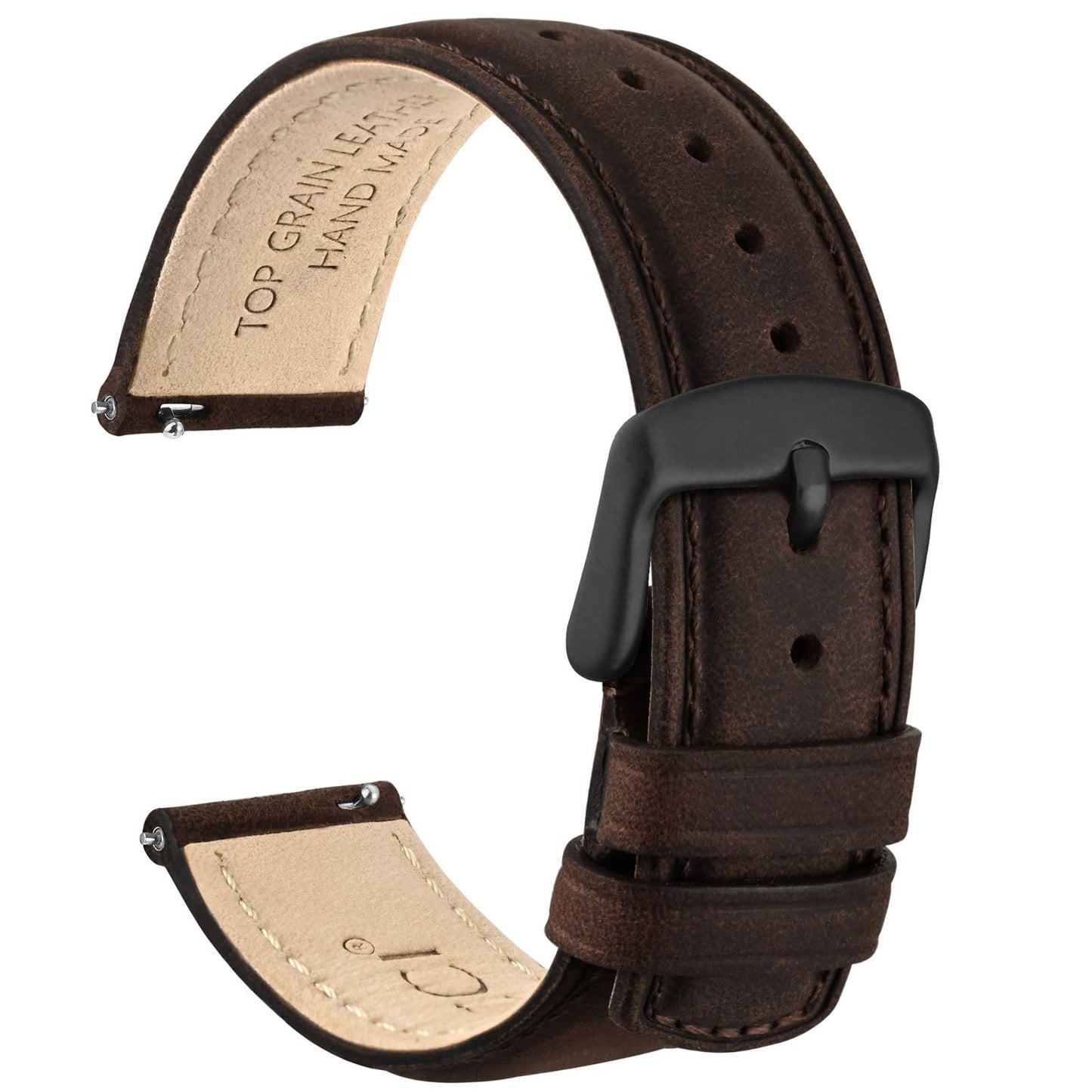 WOCCI 18mm Watch Band for Men and Women, Genuine Leather - Top Grain Leather, Quick Release Strap, Black Buckle (Bistre Brown)