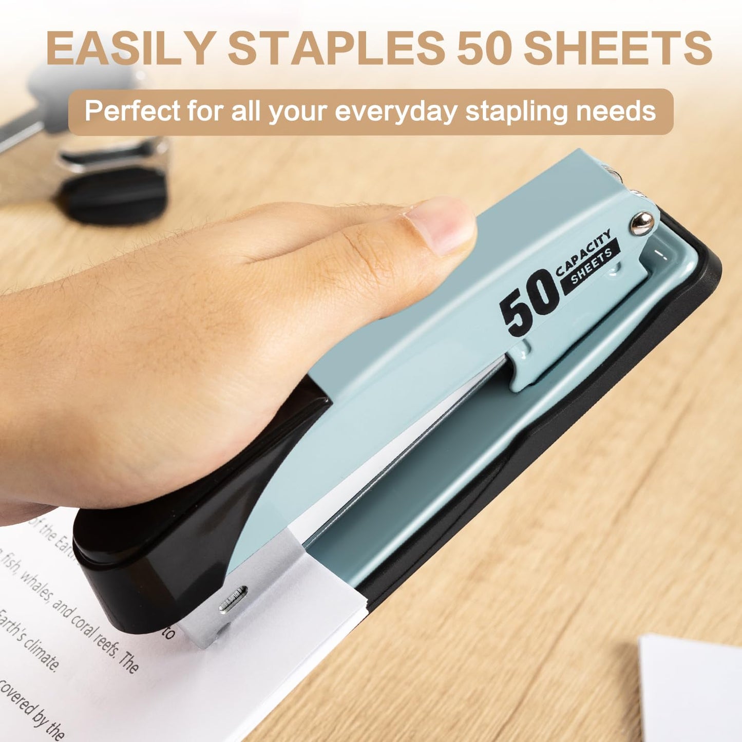 Deli Stapler Heavy Duty, Full Strip Staplers for Desk with 2000 Staples and Staple Remover, 50 Sheet Capacity, No Jam, Non-Slip Office Stapler with Staples for Office, Classroom, Blue