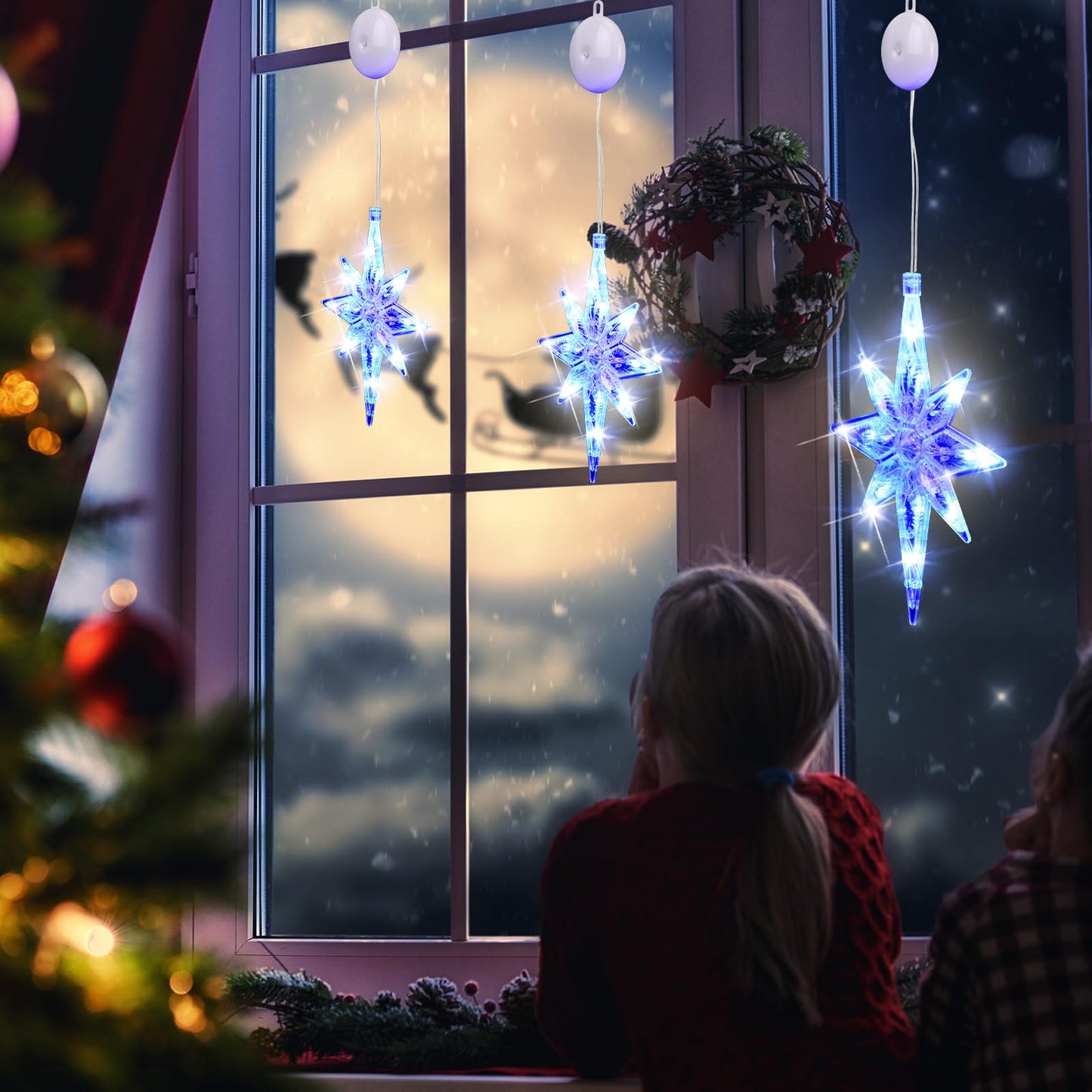 VIHOSE 3 Pcs 10.6 Inch Bethlehem Christmas Window Lights Plastic LED Lighted Christmas Window Silhouette Lights Large Hanging Xmas Tree Ornaments (Blue)