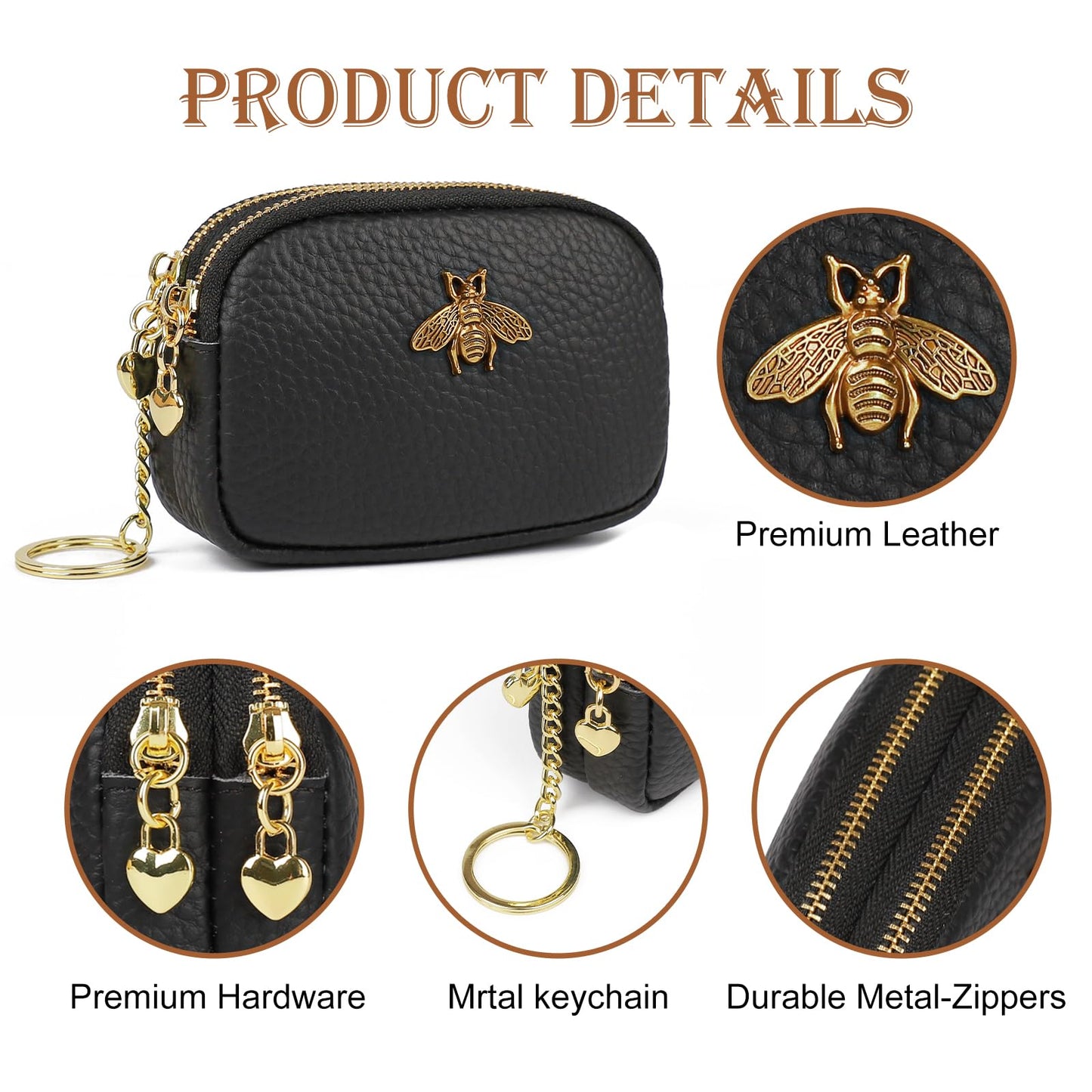 imeetu Women Leather Coin Purse, Small 2 Zippered Change Pouch Wallet(Copper Bee, Light Blue)