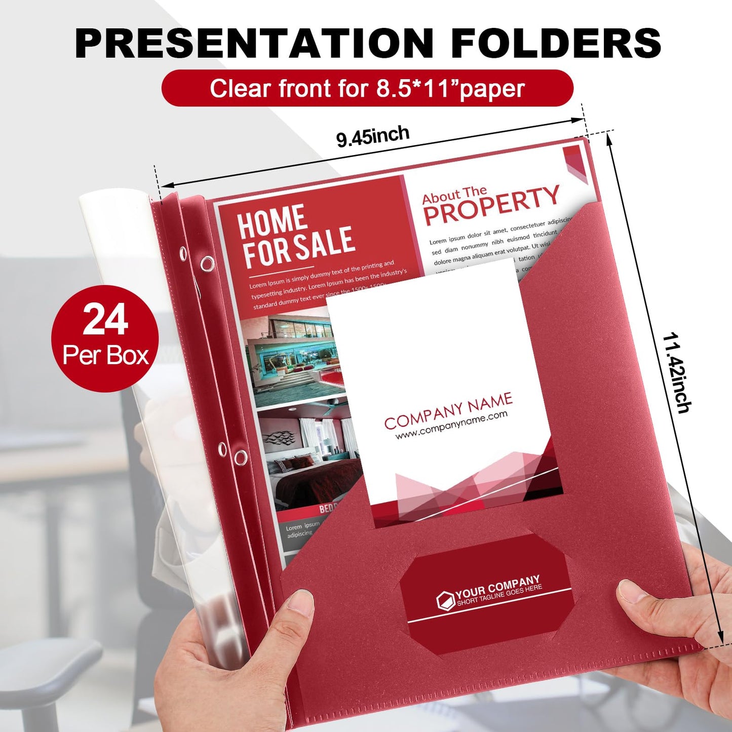 Teling 24 Pcs Clear Front Report Covers with 3 Prongs, Suit for A4/8.5'' x 11'' Letter Size Paper, Plastic Dark Red Presentation Folders Bulk, 90 Sheet Capacity, for School Business