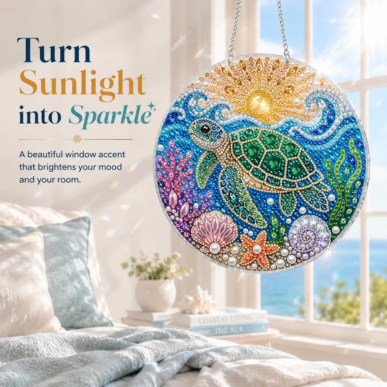 DIY Diamond Art Painting Wreath Kits，Special Shaped Rhinestone Hanging Ornament Diamond Art Window Pendants for Gift Home Garden Wall Hanging Kits,Double Sided (sea Turtle)