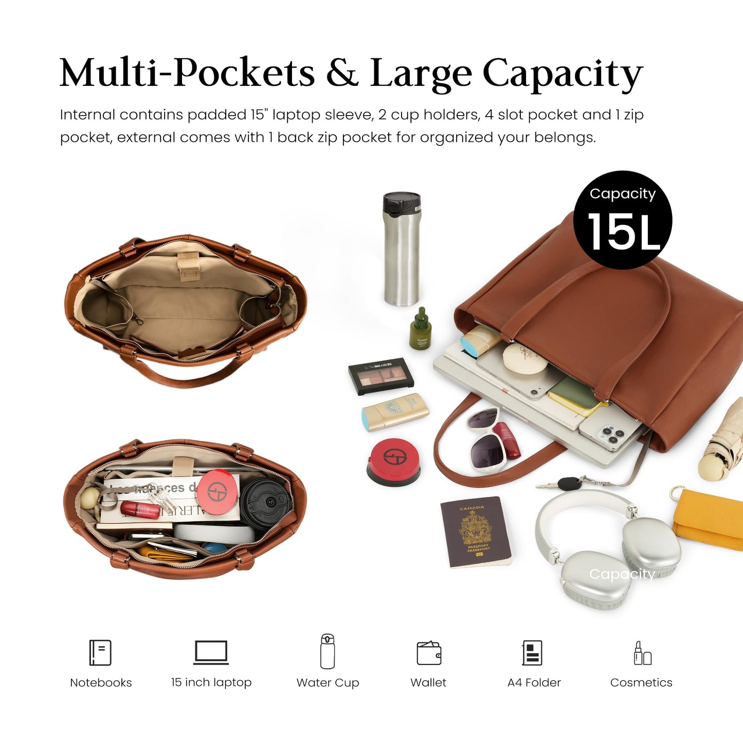 befen Real Leather Work Tote Bag for Women Ladies Totes Shoulder Purse Satchel Handbags with 15.6" Compartment & Water Cup Holder Cognac Brown