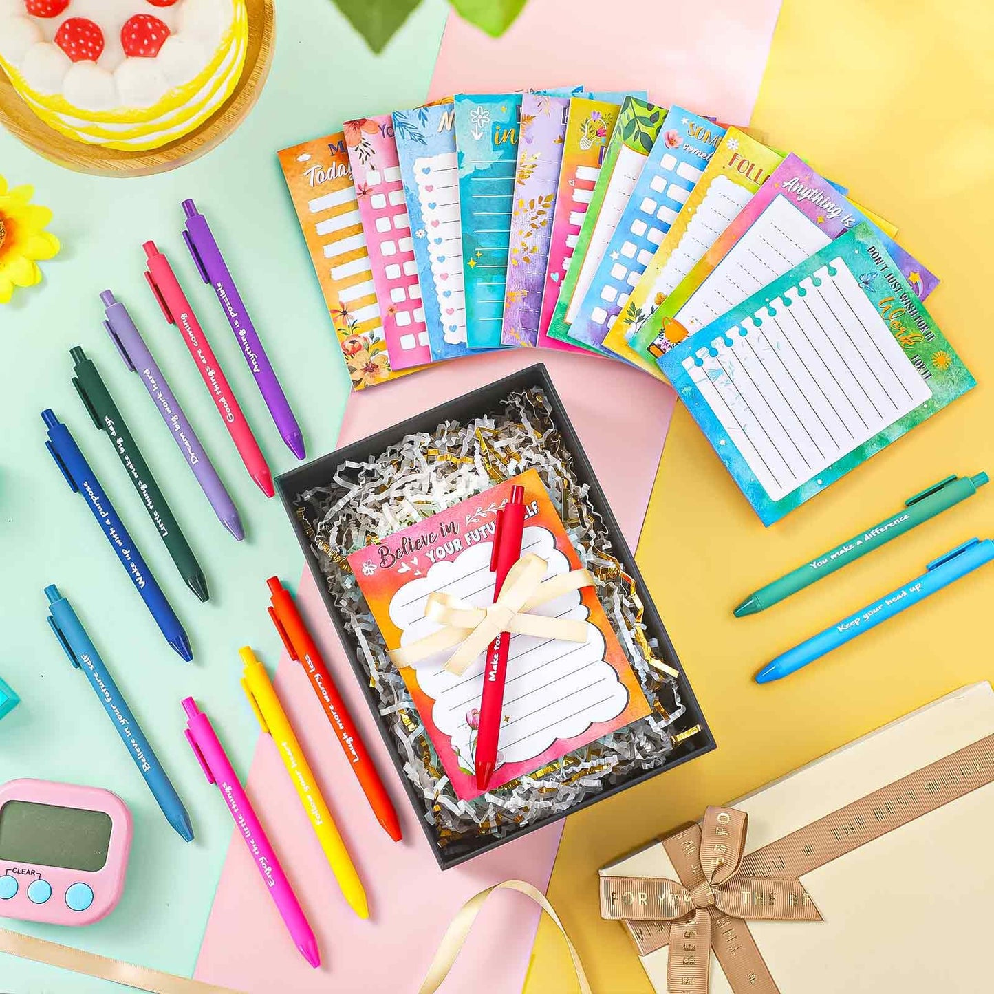 Yeaqee 12 Set Employee Appreciation Gifts 12 Empowering Sticky Notepads 12 Pens 12 Ribbons Motivational Sticky Notes Inspirational Pens for Office Supplies(Watercolor)