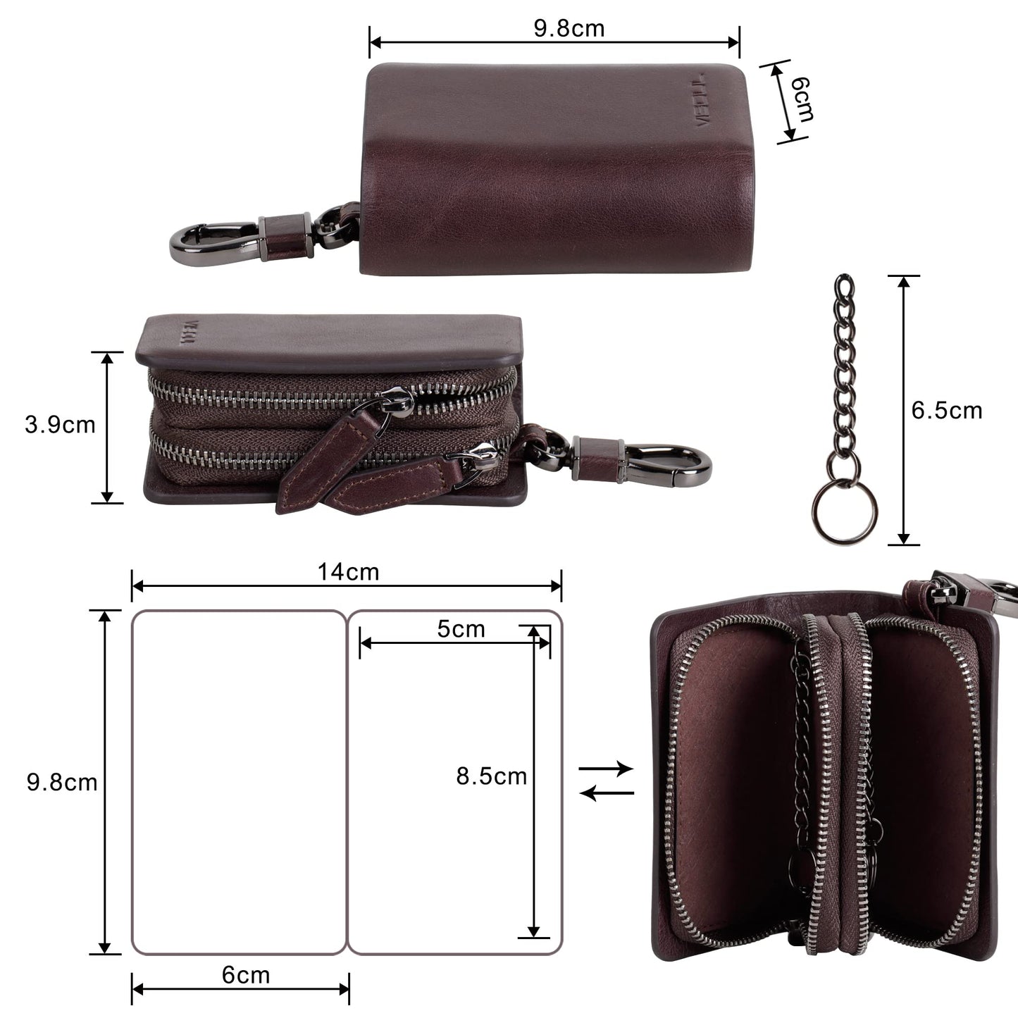VISOUL Car Key Case Holder Double Zipper, Leather Car Smart Key Fob Case with Keychain for Men and Women-Coffee