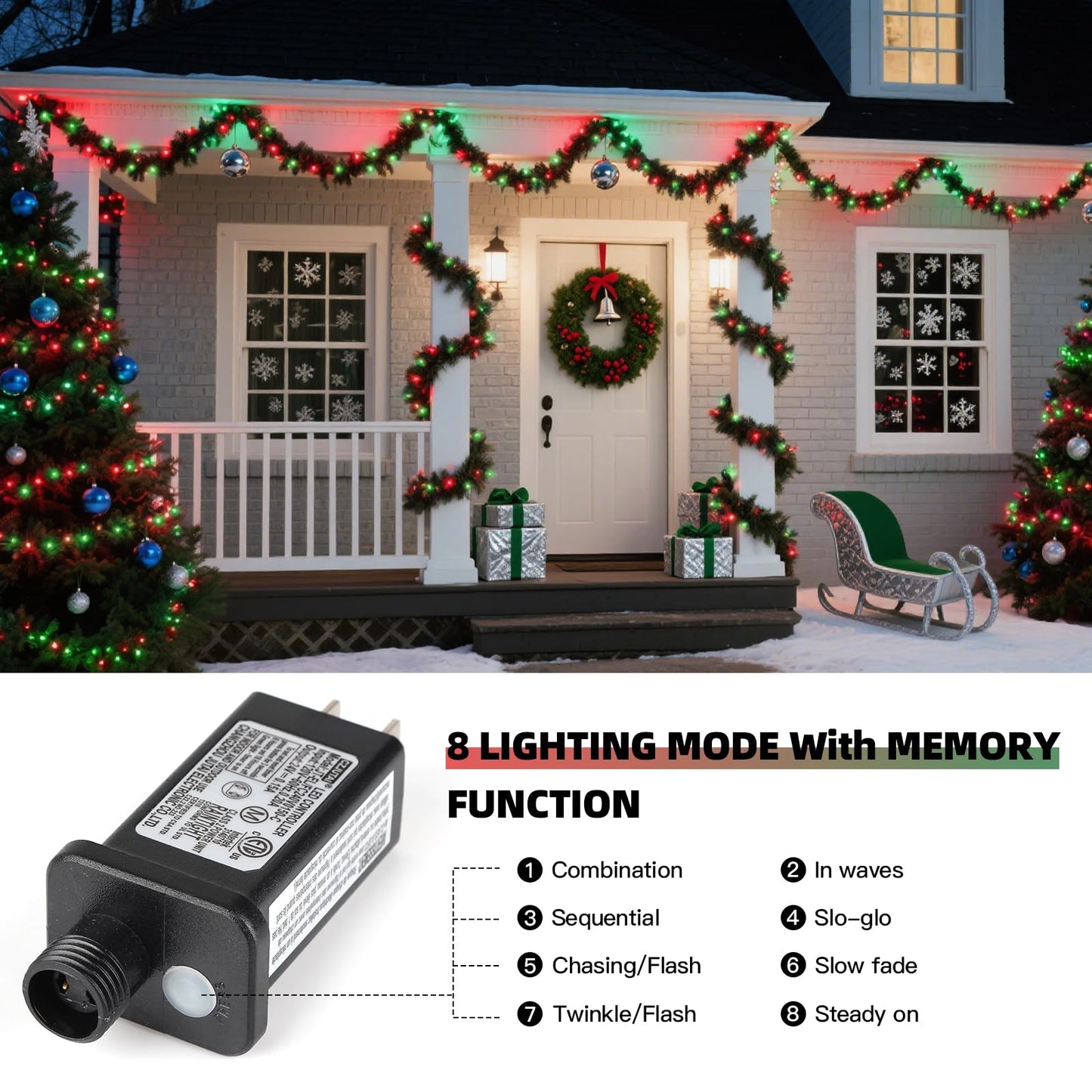 XTF2015 Christmas String Lights, 105ft 300 LED Christmas Lights 8 Modes Memory Function & Timer- UL Certified - Outdoor Indoor Christma s Fairy Lights for Tree, Garden, Party, Wedding(Red + Green)