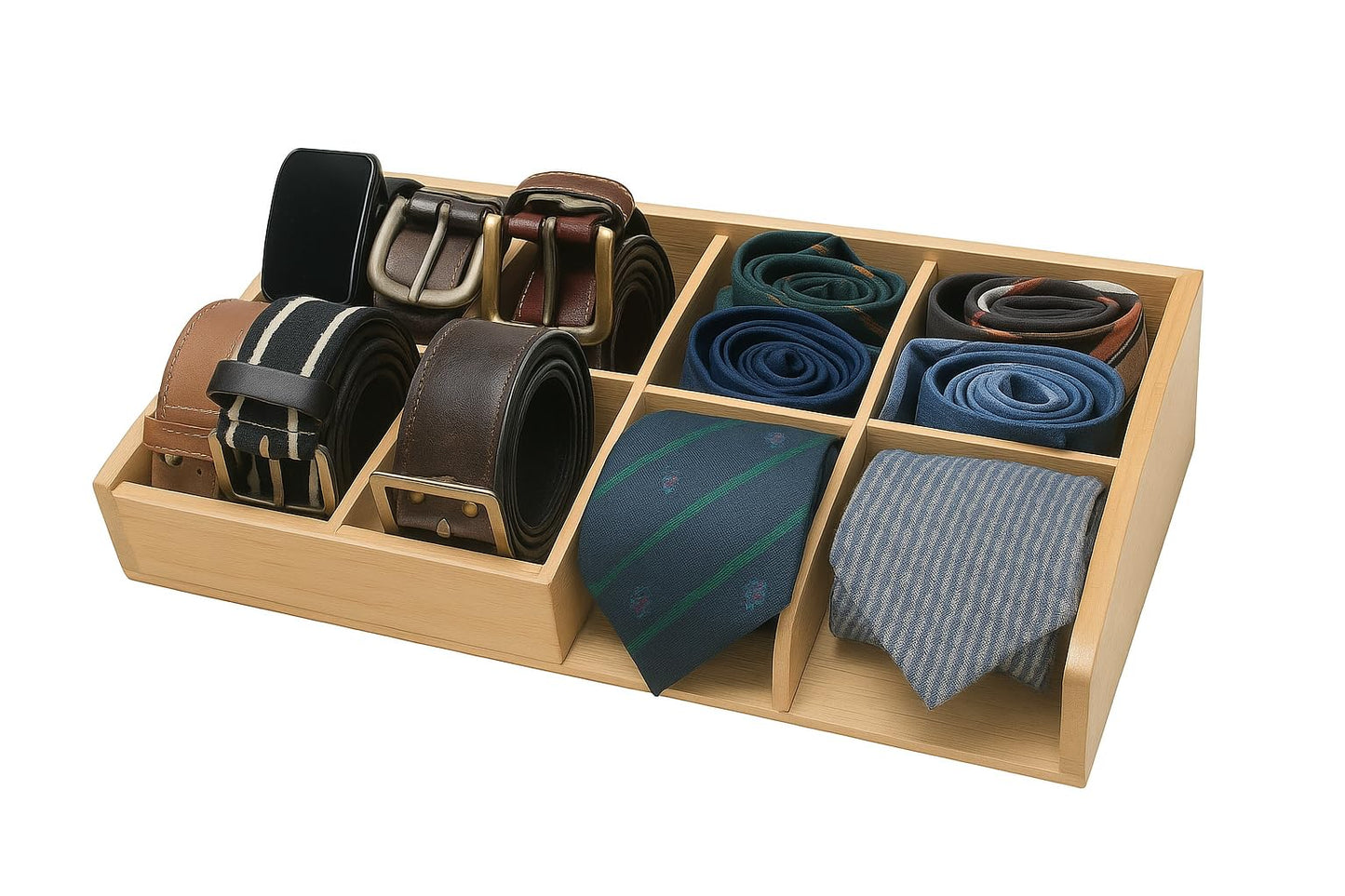 Belt Organizer for Closet and Drawer – 8 Compartments Bamboo Storage Box for Belts and Ties – Eco-Friendly Natural Bamboo
